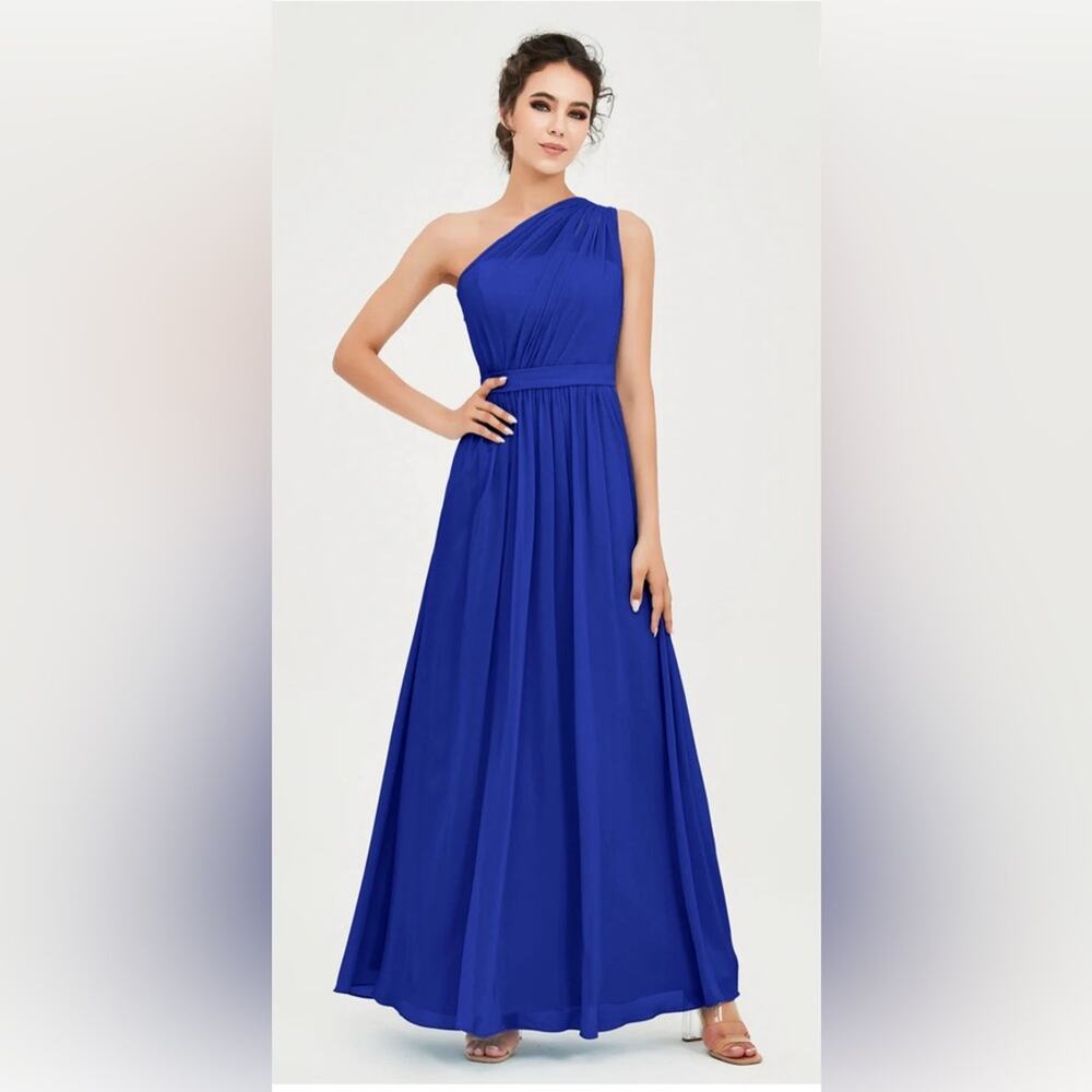 Alfred Angelo 7243 Jennifer One-Shoulder Chiffon Floor-Length Gown in Blue